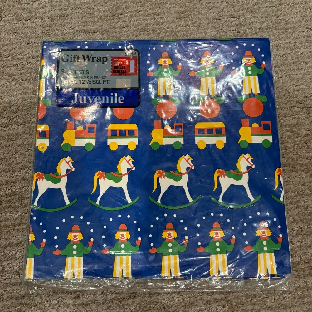 Vintage Blue “Juvenile”  Clown, Train, Rocking Horse Wrapping Paper - 3 Sheets